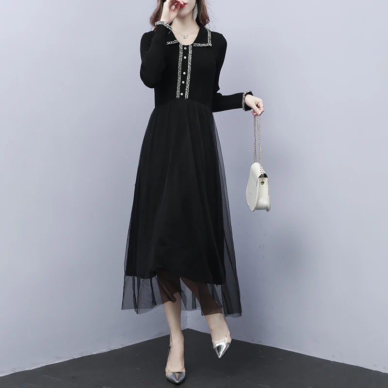 Одежда весна вязаное женское 2020 ретро платье с длинным рукавом элегантные