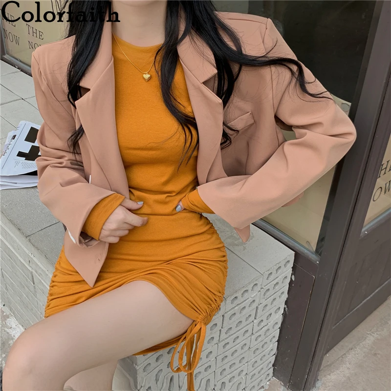 

Colorfaith New 2021 Women Spring Autumn Dresses Vintage Fashion Package Hip Sexy Elegant Lady Drawstring MIni Dresses DR21143