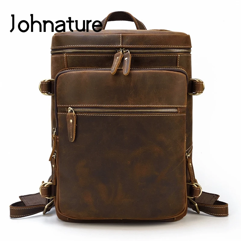 

Johnature Men Retro Genuine Leather Backpack 2021 New Crazy Horse Cowhide Travel Bag Leisure Solid Color Large Capacity Bagpack