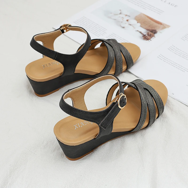 

Women Summer Shoes Wedges Sandals Buckle Design Ladies High Heels Soft Leather Female Pumps Large Size 36-42