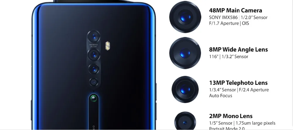 Смартфон Oppo Reno 2 5x zoom Snapdragon 730 6," AMOLED 48.0MP+ 16.0MP+ 13.0MP+ 8.0MP+ 2.0MP экран отпечатков пальцев VOCC 3,0 128GB