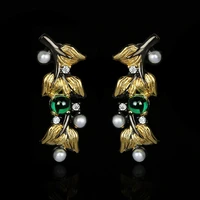 2022 new womens black gold earrings inlaid pearl womens earrings green zircon jewelry 925 silver womens wedding jewelry
