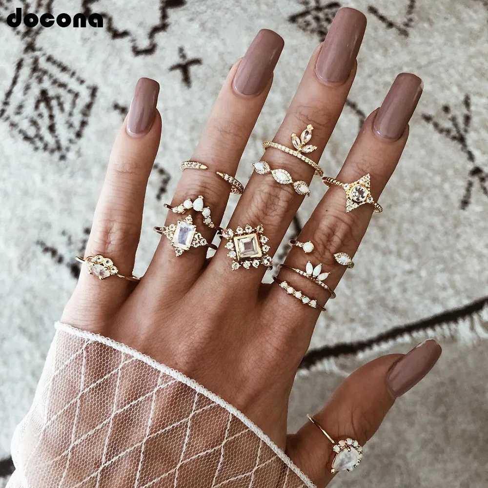 Docona 12pcs/set Boho Flower Inlay Crystal Rhinestone Geometric Ring Set for Women Knuckle Midi Rings Jewelry Accessories 8256 | Украшения
