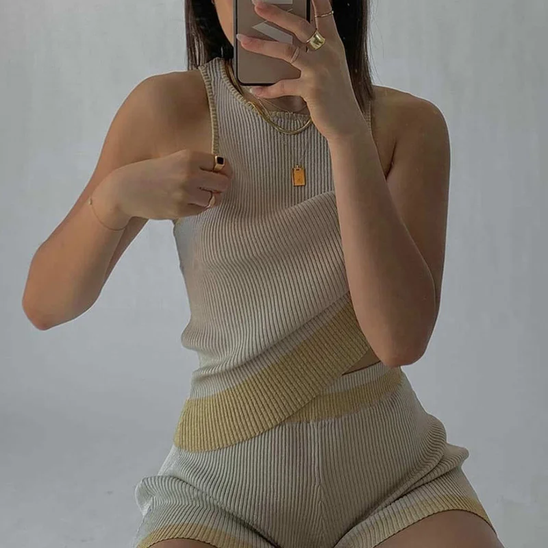 

Casual Women Knitted Two Piece Set Tank Top And Shorts Summer Sleeveless O-neck Outfits Tank Top Elastic High Waist Shorts Set