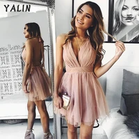 yalin pink tulle a line prom dresses halter open back short cocktail dresses mini length homecoming dress vestidos de fiesta