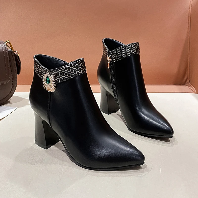 

Designer Party Luxury Pumps Women Zipper Sexy Crystal High Heel Boots 2021 Winter Women's Short Boots Women Fashion Ankle Boots