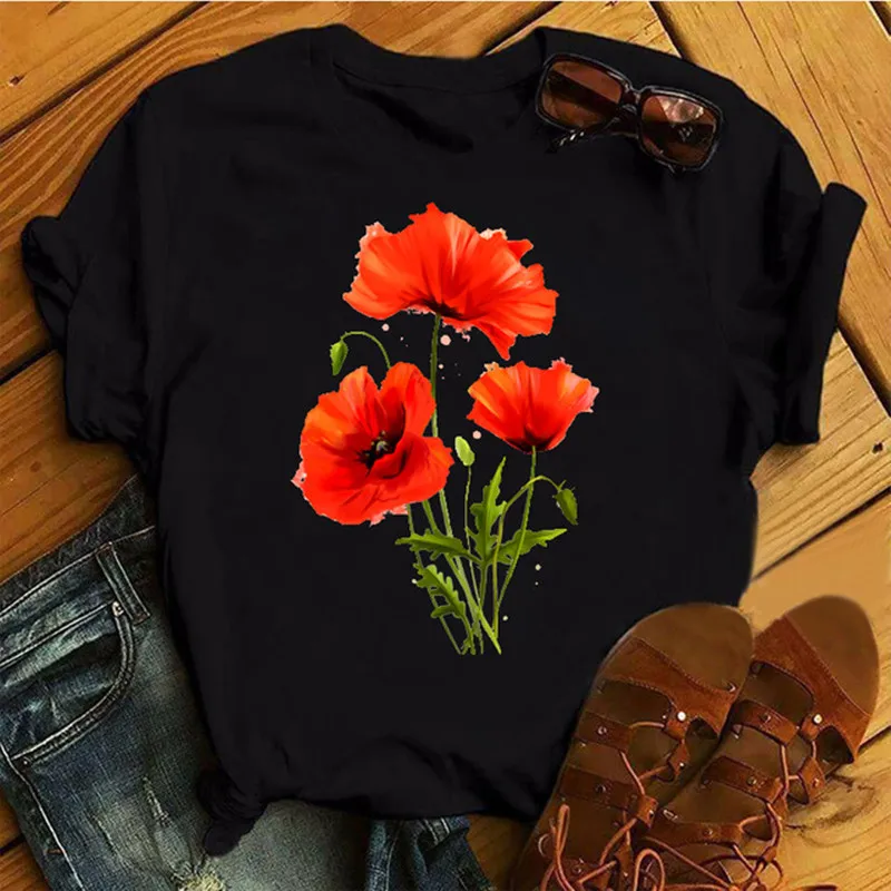 Женская футболка с красным маком в стиле Харадзюку забавным принтом коротким