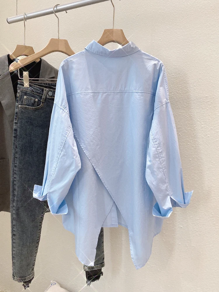 

Asymmetrical Cotton Solid Women Long Shirts Summer New 2021 Turn-Down Collar Long-Sleeved Loose Elegant Office Lady Outwear Tops