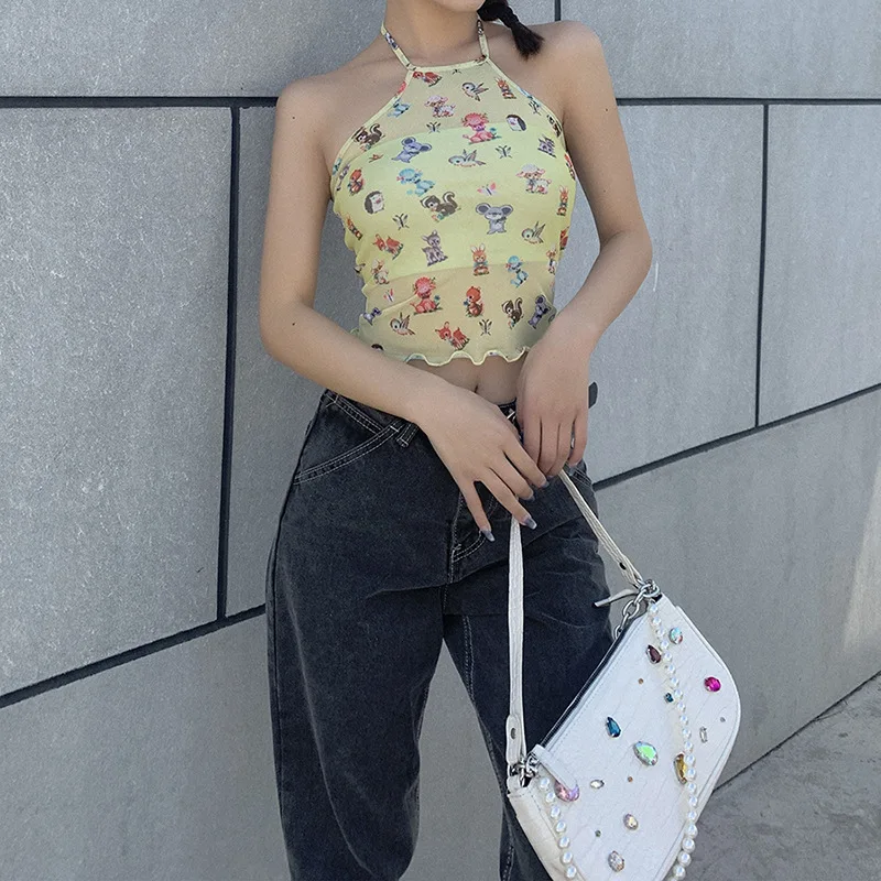 

Fashion Cute Halter Printed Tank Tops Ruffle Trim Hem Mesh See Through Summer Sleeveless Vest Cami Top Summer Clothing 2021