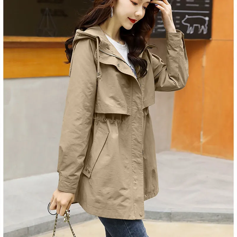 

Женская Повседневная ветровка, куртка средней длины, Новинка весна-осень 2021, Свободное пальто с капюшоном и талией, женская верхняя одежда