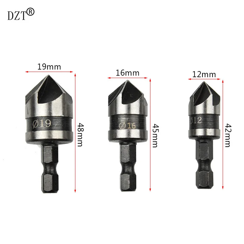 

3 Pcs 12 16 19mm 1/4 Inch Chamfering Cutting Round Shank Countersink 90 Degree Point Angle Drill Bit HSS Chamfer Drill Bits