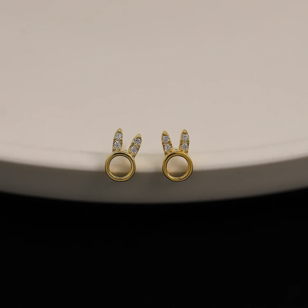 

925 Sterling Silver European Simple Pav Crystal Cartoon Rabbit Stud Earrings Women Small Cute Electroplating 14k Gold Jewelry