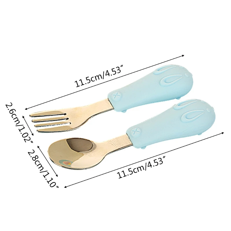 

2 Pcs Cartoon Baby Stainless Steel Spoon Fork Set Soft Silicone Teether Toys Anti-slip Learning Training Feeding Utensil