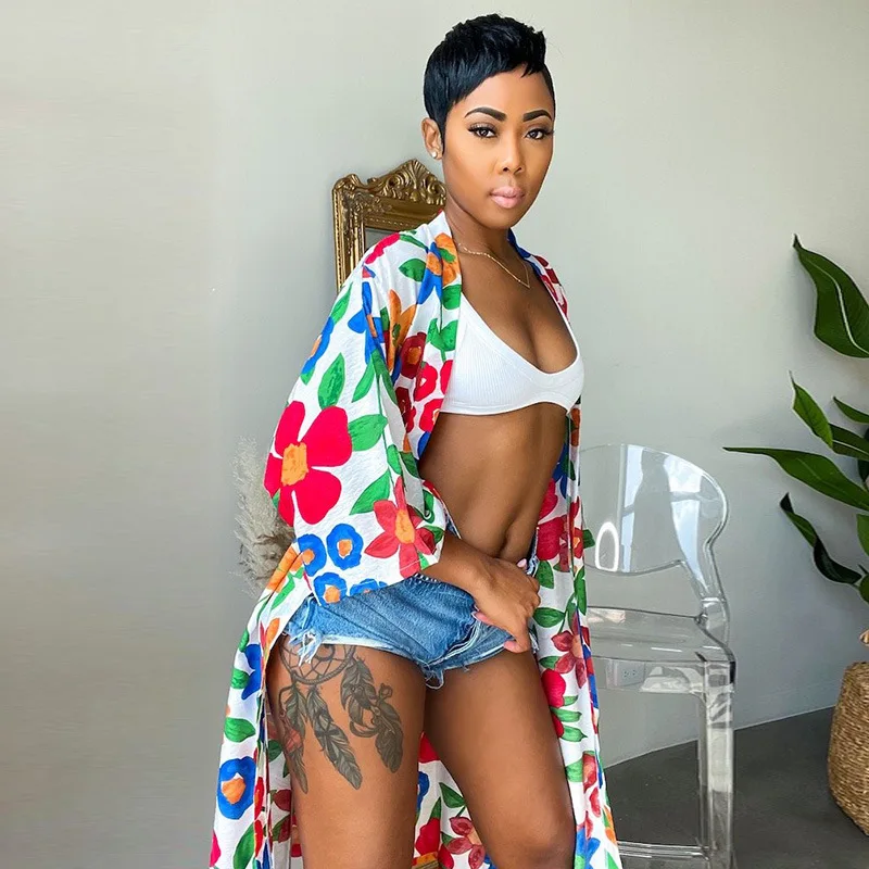 

Summer New 2021 Women Fashion Sexy Holiday Beach Style Long Outwear Long Sleeve No Buttons Flower Printed Long Outwear