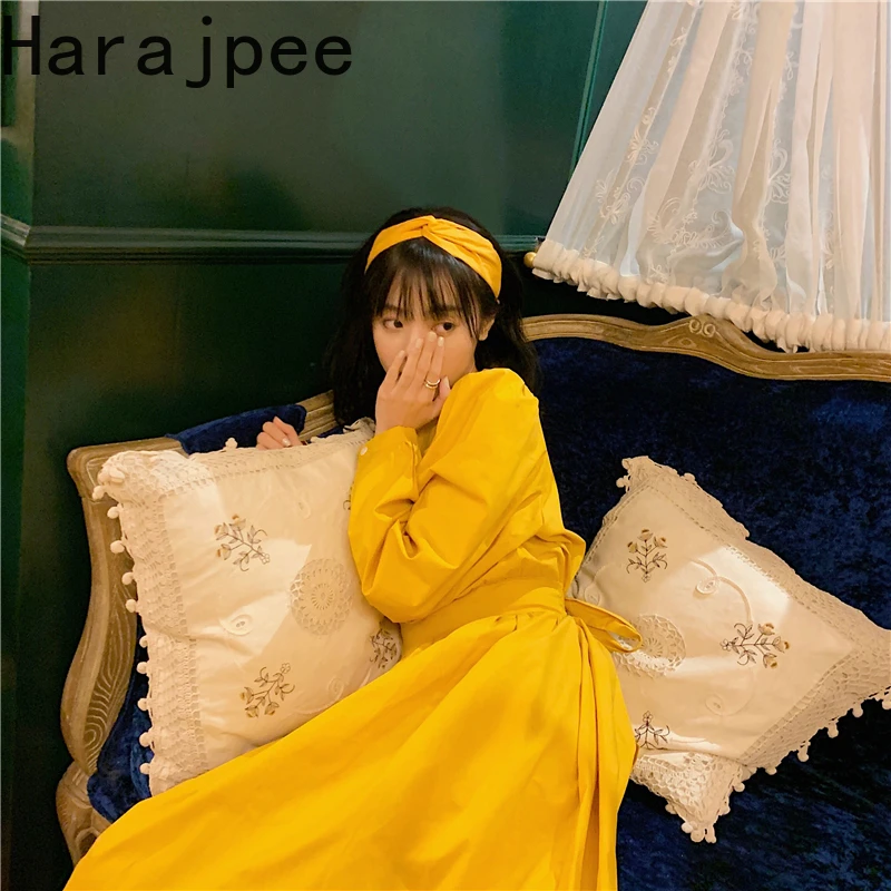 

Harajpee Yellow Dress Retro Solid A-line High Waist O-neck Korean Chic Loose Slim All-match Ins Commute Spring Autumn New Dress