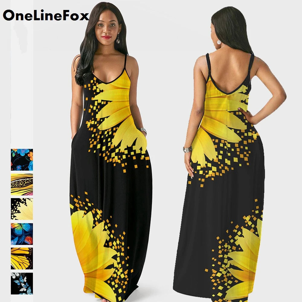 

OneLineFox Women's Plus Size Maxi Long Dresses V Neck Casual Summer Sleeveless Boho Loose Beach Party Dress with Pockets