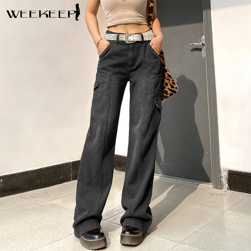 

Weekeep Streetwear Women Oversized Denim Black Jeans Vintage Baggy Pockets High Waist Wide Leg Casual Pants Korean Punk Trousers