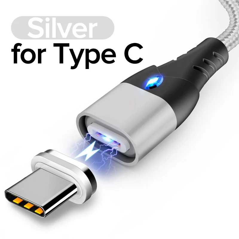 Silver Магнитный USB кабель типа C 3а провод для быстрой зарядки 3 в 1 провод магнит 1 м нейлоновое зарядное устройство Kable для samsung Galaxy S10 S9 S8 Note 9 8 - Цвет: Silver