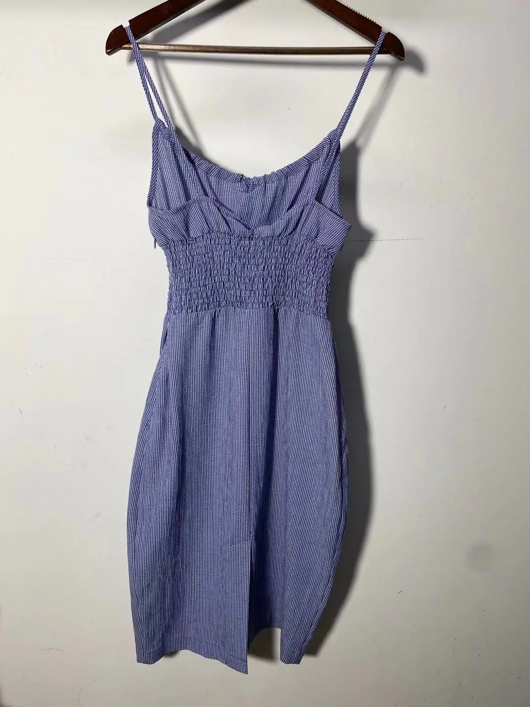 

Women Blue Plaid Sling Dress Sleeveless Split Lace-up Summer 2021 High Waist Mini Robe