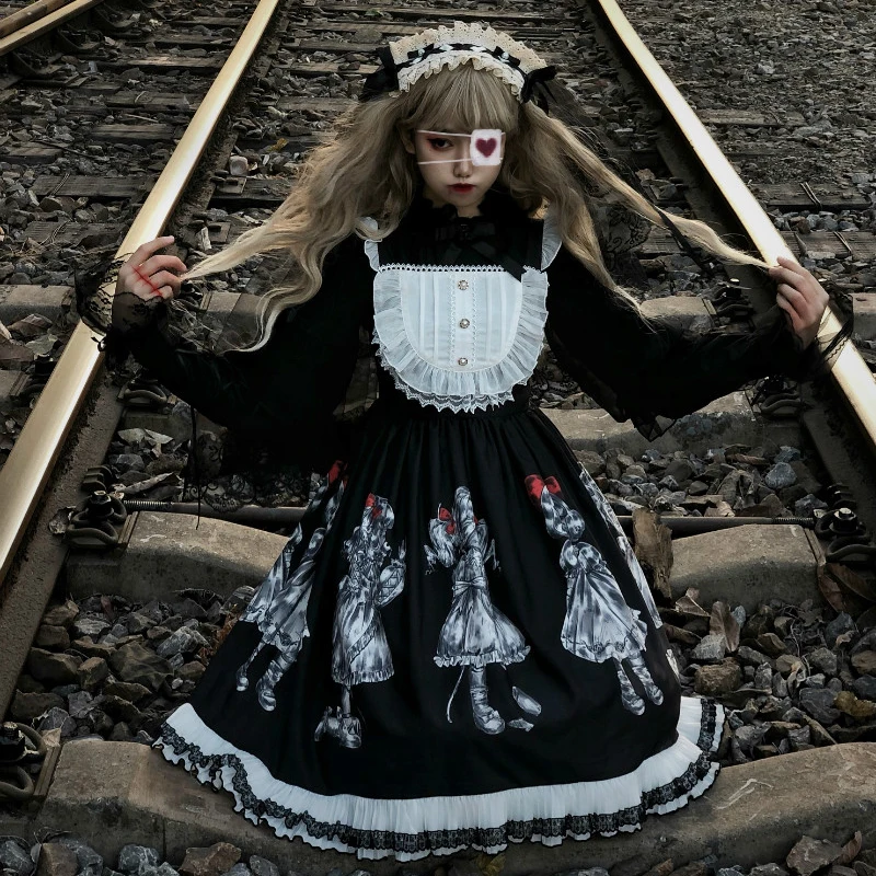 

Gothic Lolita Dress Dark Angel Series Lolita JSK Dress Soufflesong Kawaii Retro Dark Japanese Black and White Lolita Dress