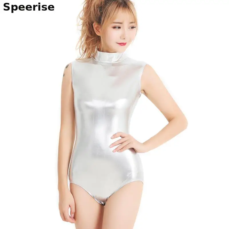 Женское блестящее цельное трико без рукавов костюмы из металлического спандекса