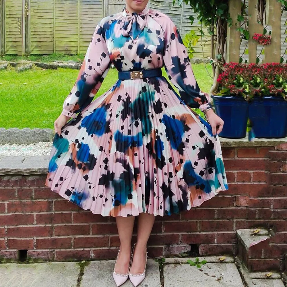 

Женское плиссированное платье-трапеция, элегантное вечернее праздничное платье до середины икры с длинным рукавом и высокой талией, весна ...