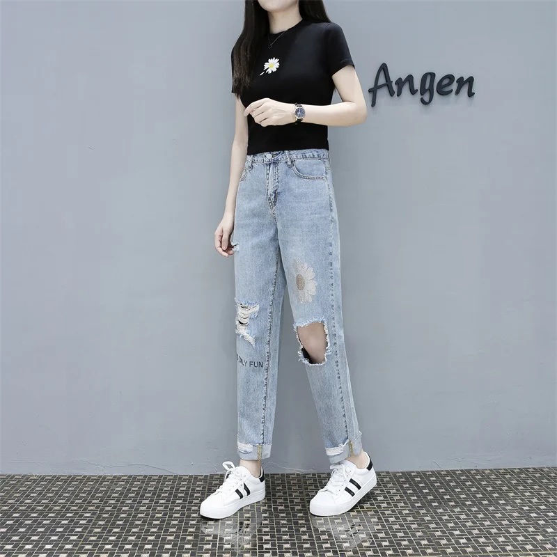 Модные шикарные женские брюки с цветочным принтом повседневные джинсы для