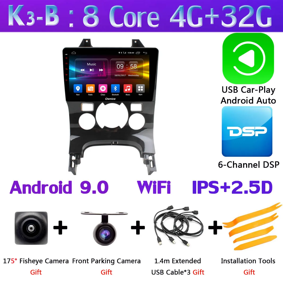 K3-B-CarPlay 360 ° панорамный 4 × камера 4G LTE Android 9,0 8 ядер 4+ 64G SPDIF DSP CarPlay Автомобильный плеер для peugeot 3008 2013- gps радио - Цвет: K3-B-CarPlay