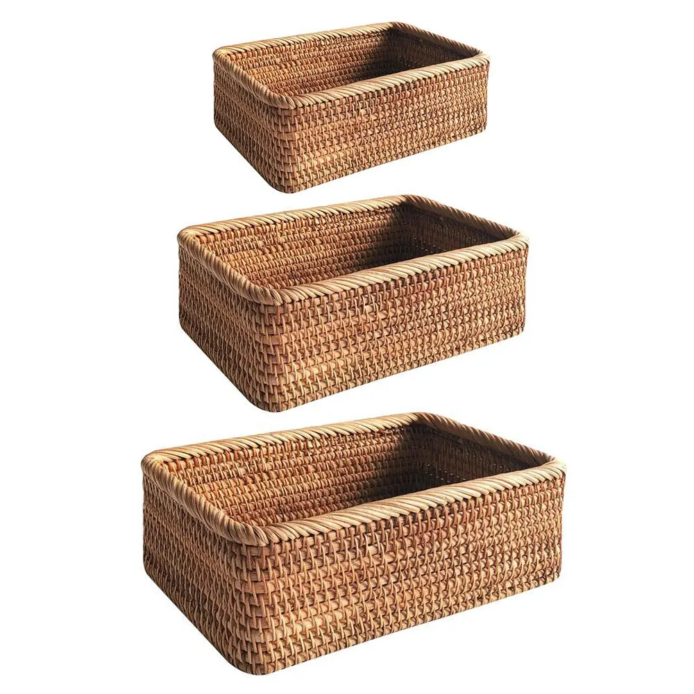 

Handmade Rectangular Weaving Rattan Wicker Basket Tea Tray Bread Hand-knitted Case Simple Portable Picnic Storage Box Home