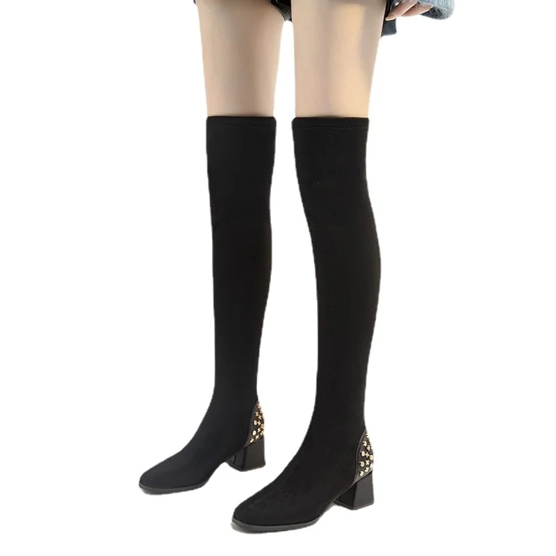 

High Boots Thick-soled Women's Slim Thick-soled Over-the-knee Suede Boots Women's Shoes Black Winter Boots Women 2021