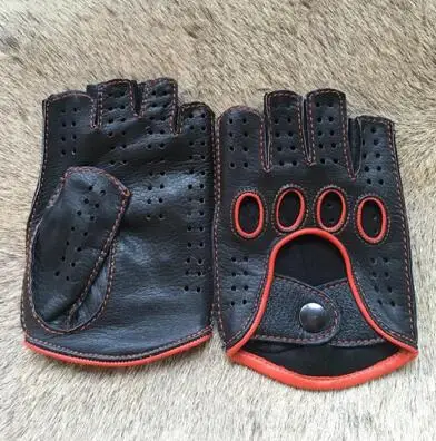 black red Новое поступление мужские кожаные перчатки для вождения без подкладки козья кожа перчатки без пальцев для спортзала перчатки для занятий фитнесом варежки - Цвет: black red