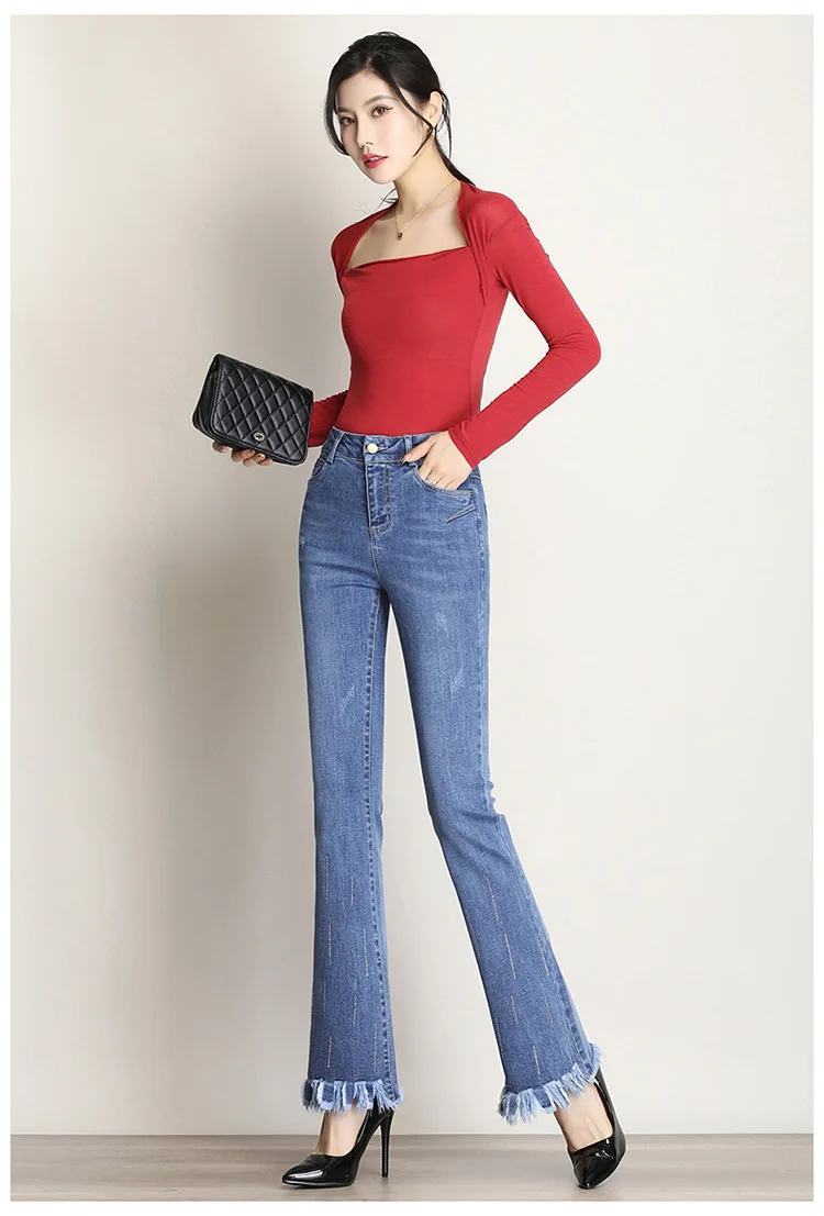 

Bell Bottom Jeans Women Fashion High Waisted Plus Size Tassel Skinny Denim Pants Office Lady Elegant Casual Spring Autumn 6831