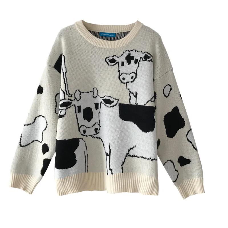 

Autumn New Fashion Women Long Sleeve Round Neck Loose Pullovers Sweet Cartoon Cow Knitted Sweater 2021 Casual Knitwear Coat