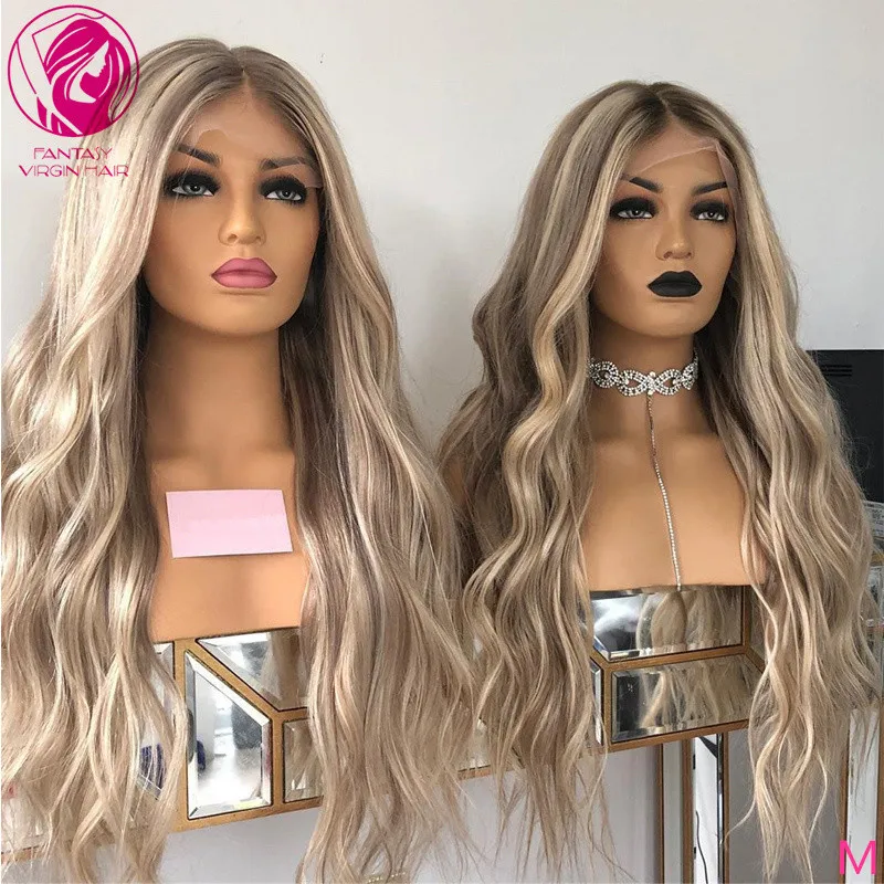 

Women Human Hair Lace Front Wig Transparent Ash Brown Blonde Balayage Colored Frontal Wig 13x4/13x6 Peruvian Wavy Remy Hair 150%