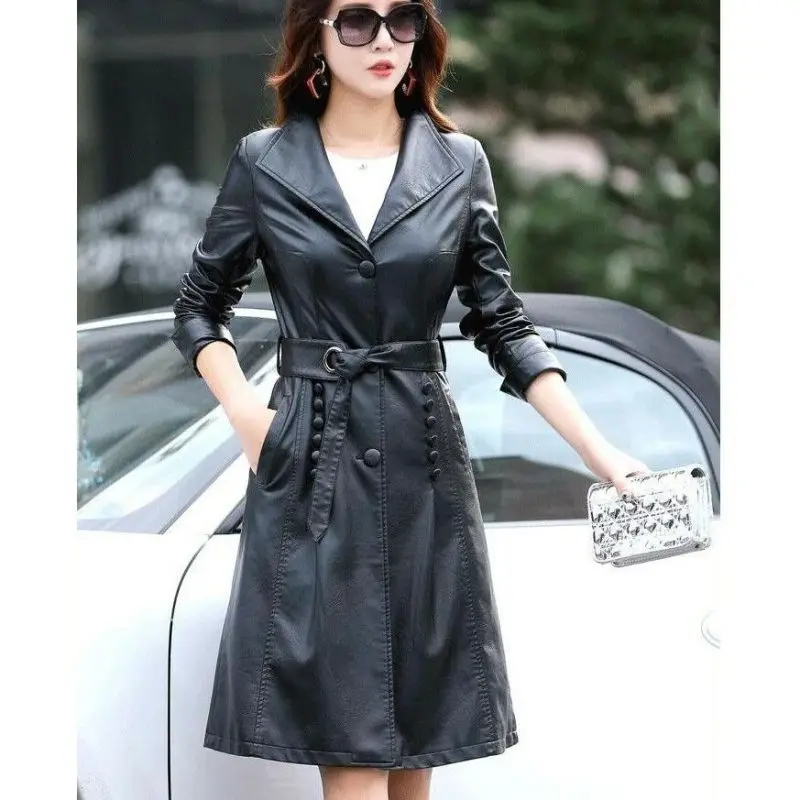 Женская кожаная куртка с поясом длинный плащ ветровка женская верхняя