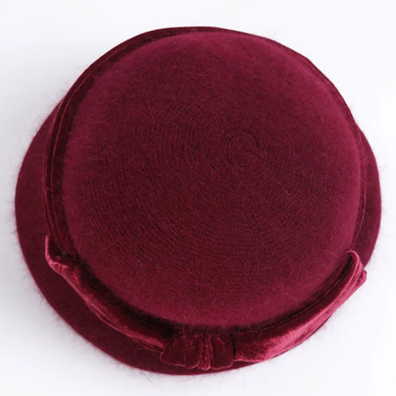 Wine Red Cap Only Для женщин шерсти кроличий мех трикотажная шапка Федора модные Винтаж шляпа с широкими полями Женская зимняя обувь Шапки вырезом теплая шапка с шарфом - Цвет: Wine Red Cap Only