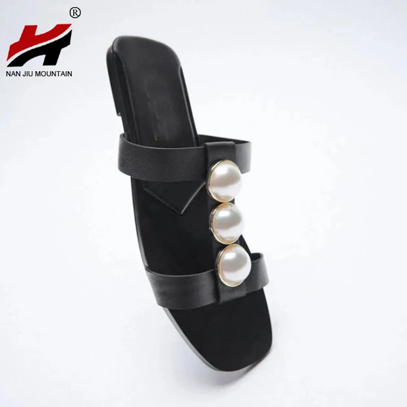

2021 Summer Women's Shoes High Quality Pearl Solid Color Open Toe Slippers Outdoor Casual Flat Sandals Plus Size 40