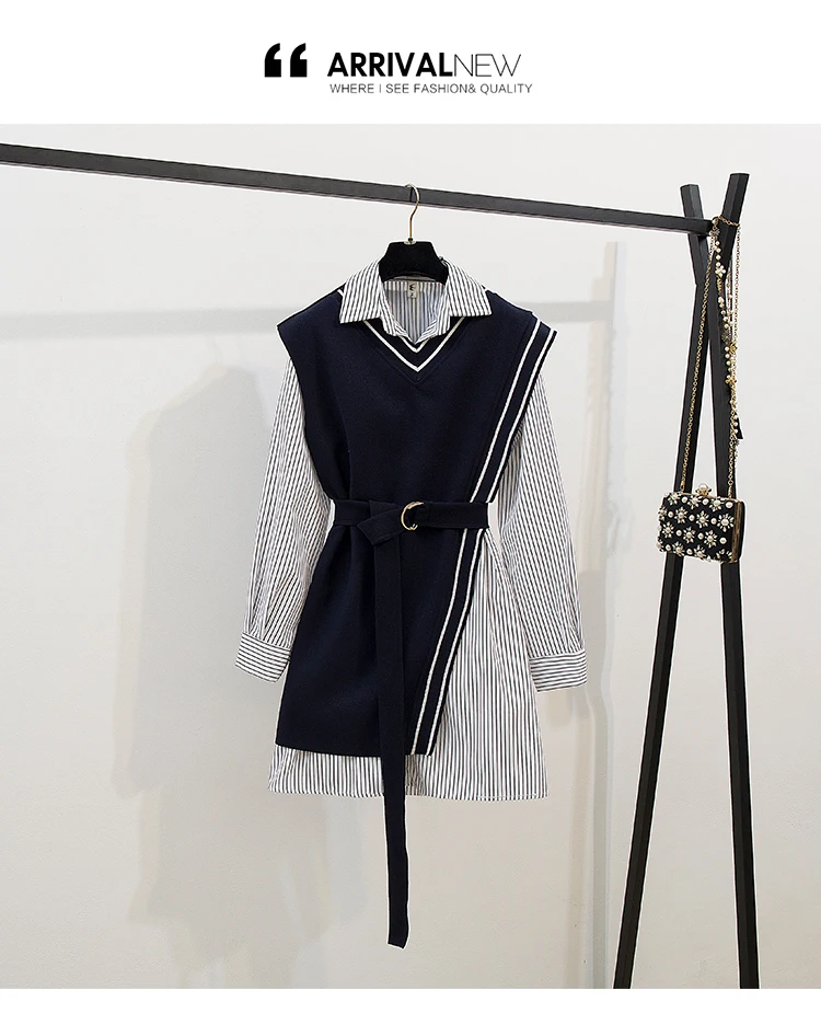 Streetwear Two Piece Dress Women Autumn Winter long Sleeve Shirt Mini Dresses with belt plus size elegant party Dress vestidos