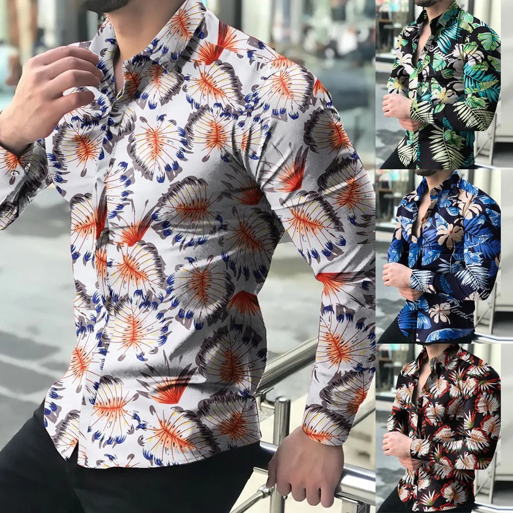 

Mens Casual Printed Shirt Slim Fit Formal Shirts Long Sleeve Button Down Tops National Style Lapel Business Fashion Formal Men