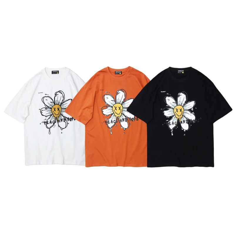 Мужская футболка в стиле хип-хоп с цветочным принтом уличная из чистого хлопка