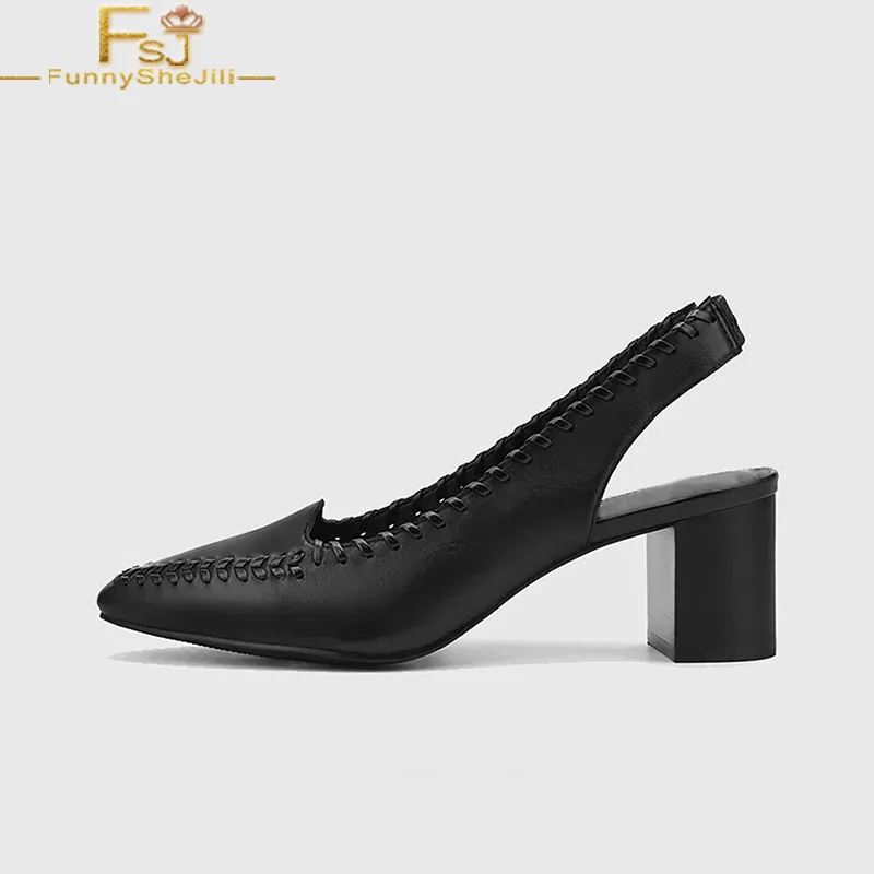

Black Slingback Women Pumps High Chunky Heels Almond Toe Elastic Large Size 12 16 Ladies Summer Fashion Mature Sexy Shoes FSJ