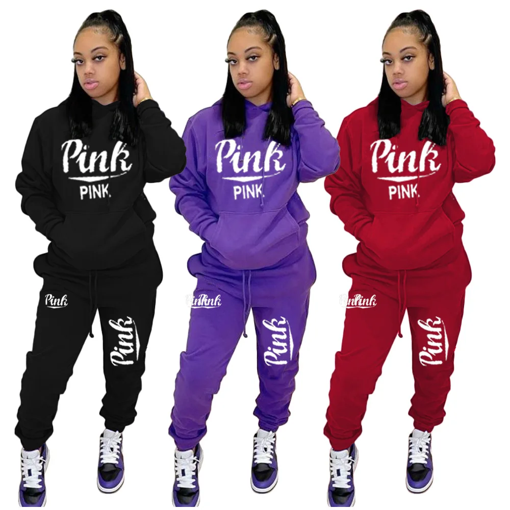 

Autumn Pink Letter Print Tracksuit Two Piece Sets Clothes For Women Long Sleeve Top Slim Pants Set 2020 Casual Sports Sweatsuit