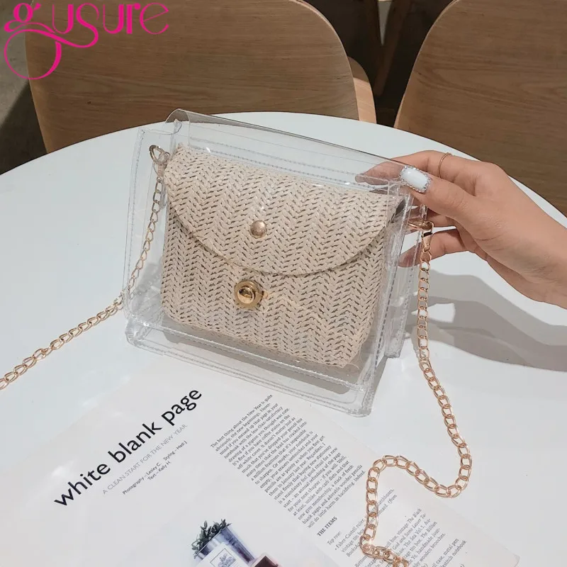 Gusure прозрачнная женская соломенная шляпа + прозрачные сумочки из пвх Модные