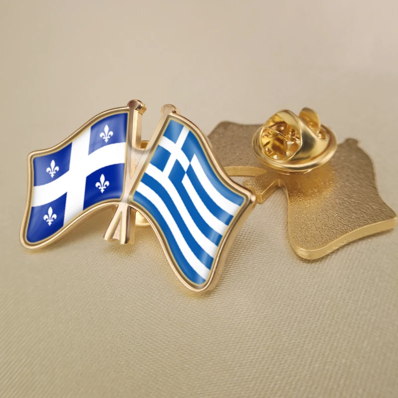 

Quebec and Greece Crossed Double Friendship Flags Lapel Pins Brooch Badges