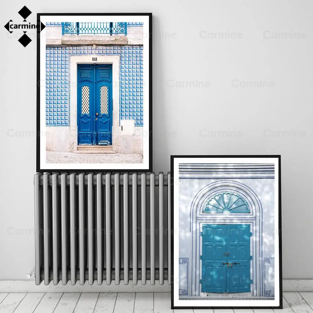 

Scandinavian Wall Art Picture Lisbon Portugal Canvas Painting Modern Blue Door Green Door Poster and Print for Living Room Decor