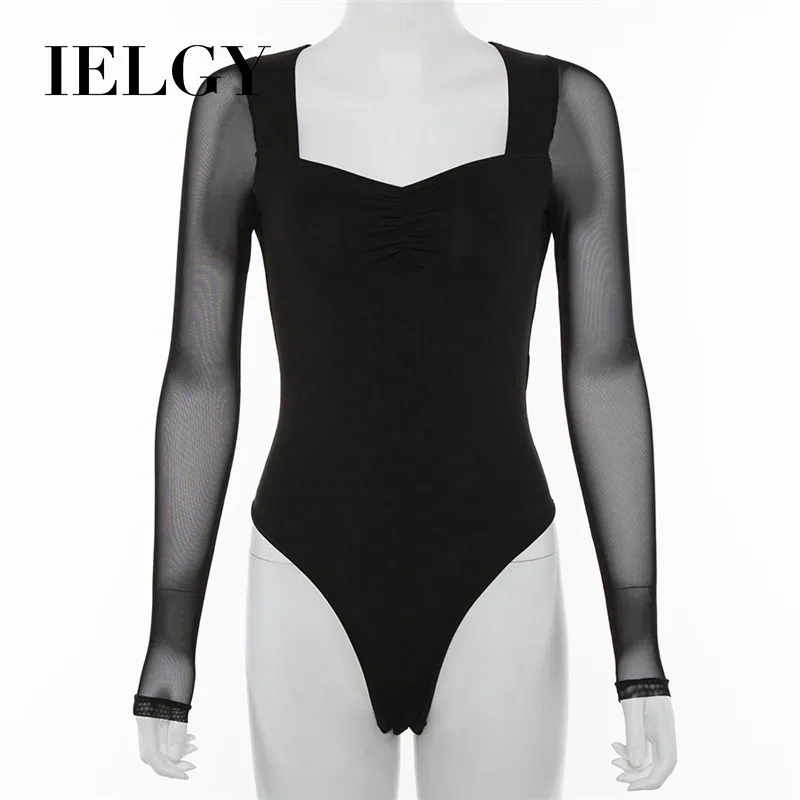 

IELGY explosion models summer new women's perspective mesh gauze long sleeve stitching pleated square collar slim bodysuit women