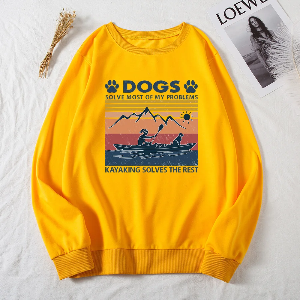 

Womens Dogs Solve Most of My Problems Kayaking Solves The Rest Pullover Long Sleeve Sweatshirt Autumn O-neck Print Hoodie Tops