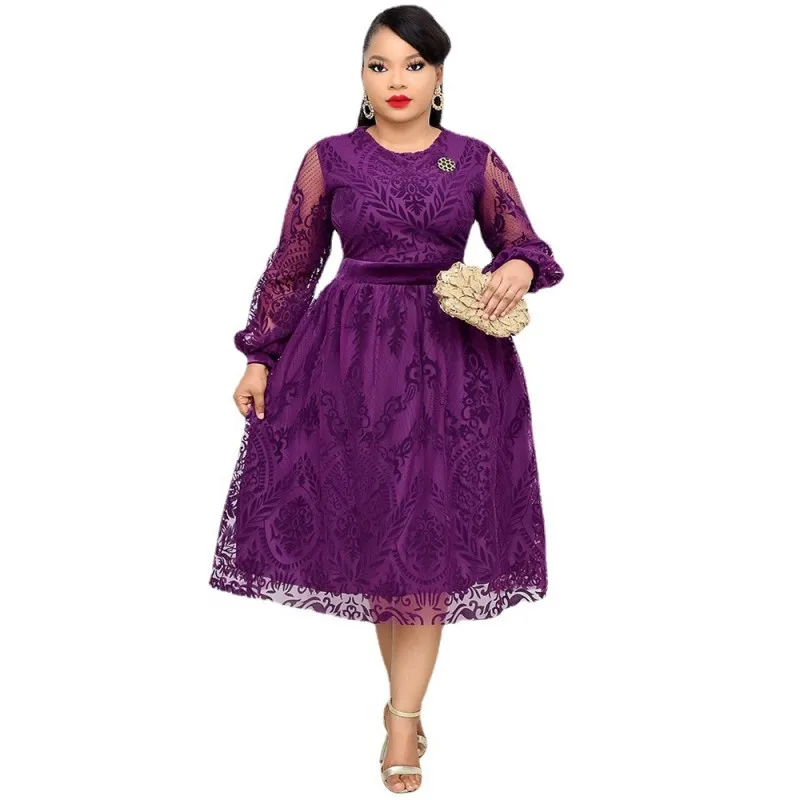 Африканские кружевные платья для женщин с рукавом фонариком и круглым вырезом