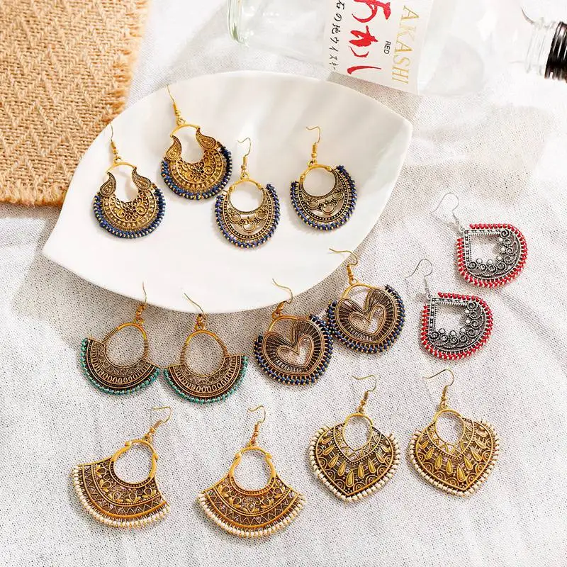 

Ethnic Geometry Jhumka Earrings For Women Vintage Bohemia Flower Hollow Heart Shape Gold Color Drop Earrings