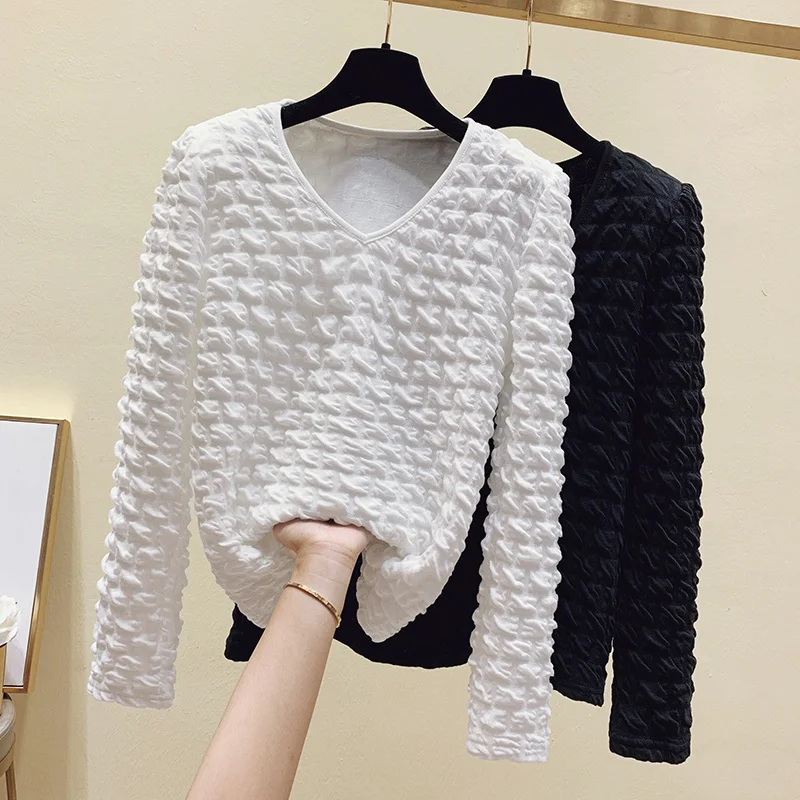 

Женская плиссированная футболка, Однотонная футболка с V-образным вырезом и длинным рукавом, весна 2021